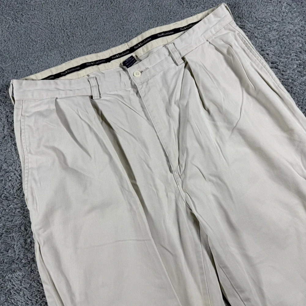 VTG Polo Ralph Lauren Andrew Pant Men 38x34 Tan Double Pleated Chino USA Fabric